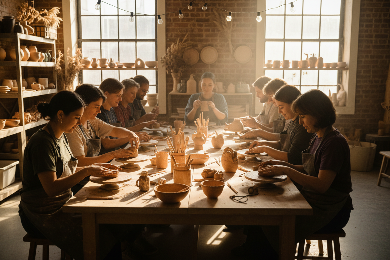 folk som sitter å jobber med leire rundt felles bord